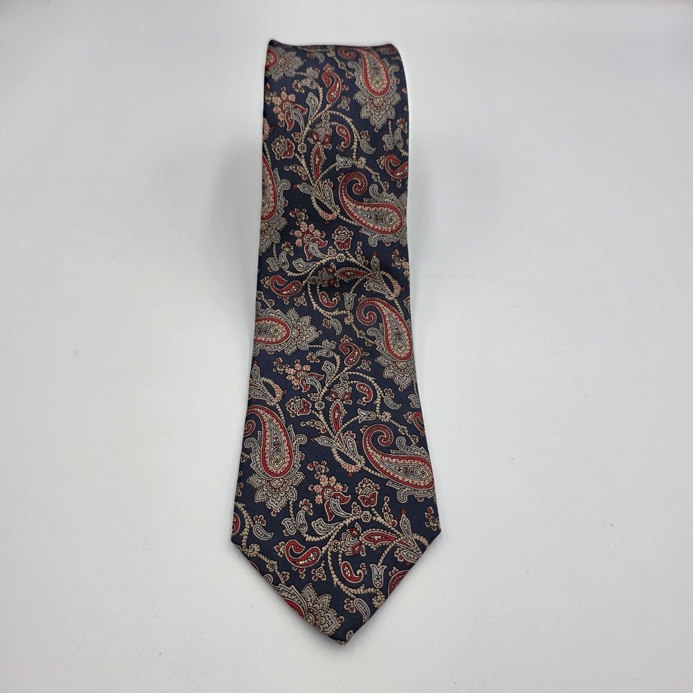 Vintage Land's End Necktie Blue Red Ivory Paisley 100% Silk  59" L x‎ 3" W USA